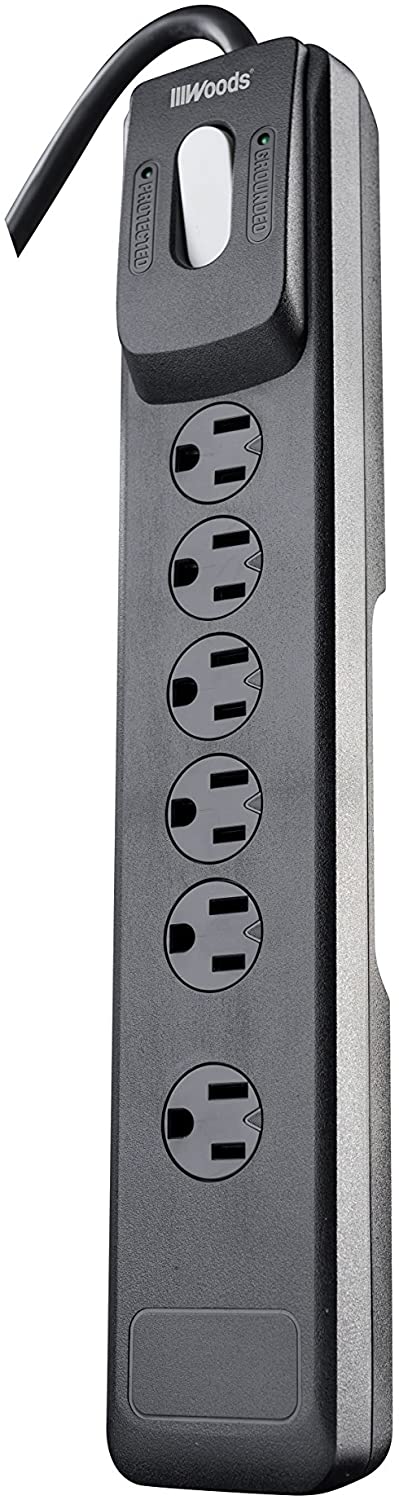 WOODS 6-OUTLET 1440J BLACK SURGE PROTECTOR STRIP WITH 4FT CORD